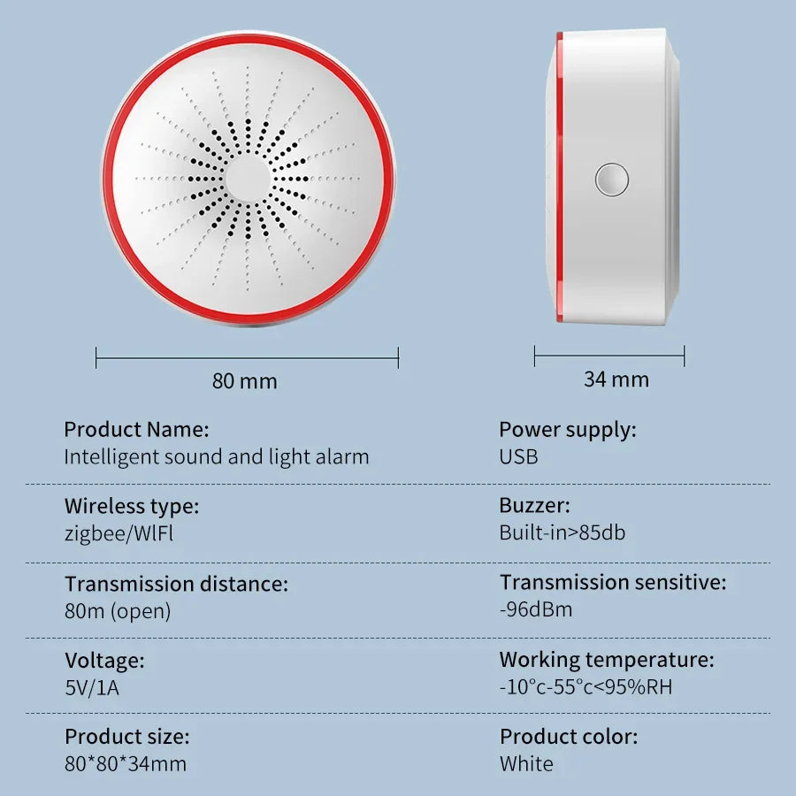 Tuya WiFi Zigbee Smart Sound & Light Alarm | USB Security