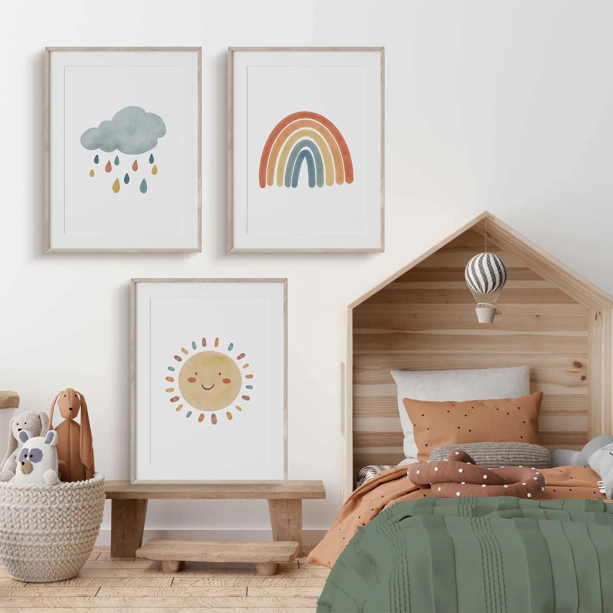 3-Piece Cartoon Sun Rainbow Cloud Canvas Wall Art | Kids Decor