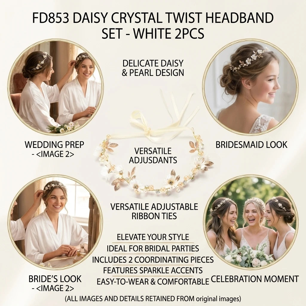 Daisy Crystal-Twist Beaded Headband White 2pcs Alloy Comfort Fit for Women Girls Peaceful Pleasures Health and Wellness