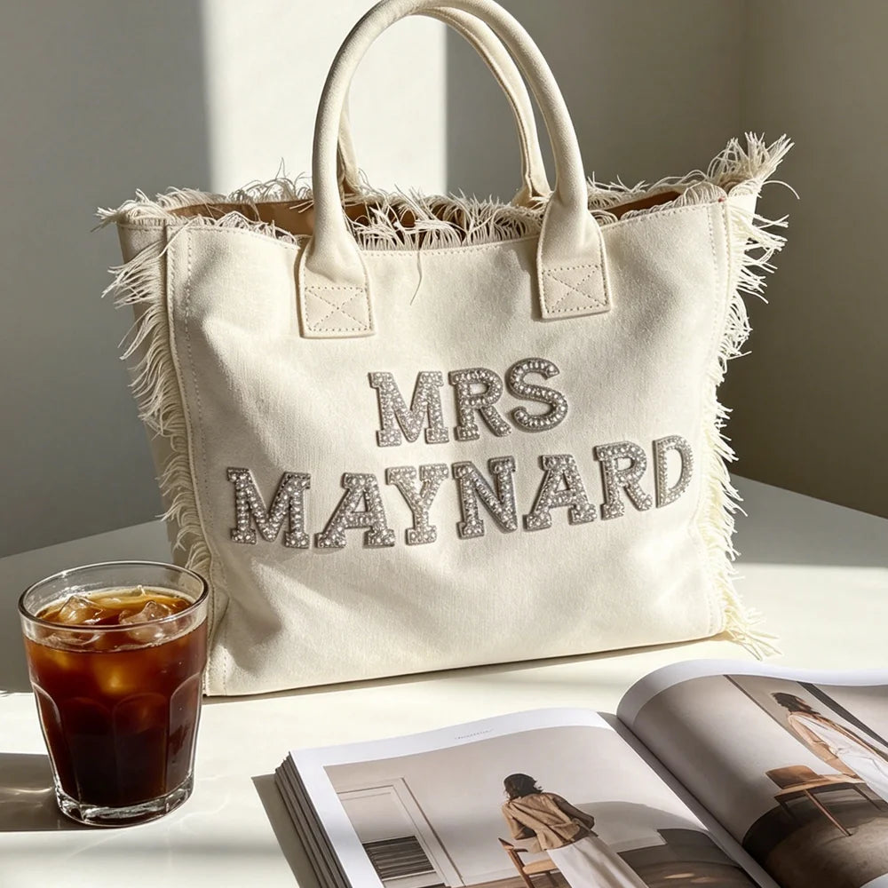 Pearl Letters Bride Tote Bag | Personalized Bridal Shower Gift Bridal Tote Bag Peaceful Pleasures Health and Wellness white 1pcs-51 31 19cm