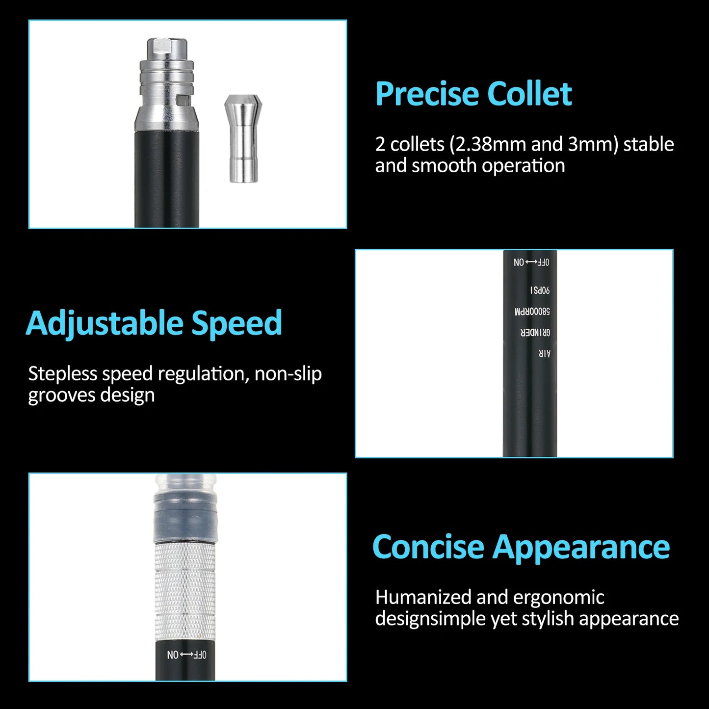 Pencil Air Grinder Hose 2 Collet 1 Pneumatic Rotary Pen Stepless