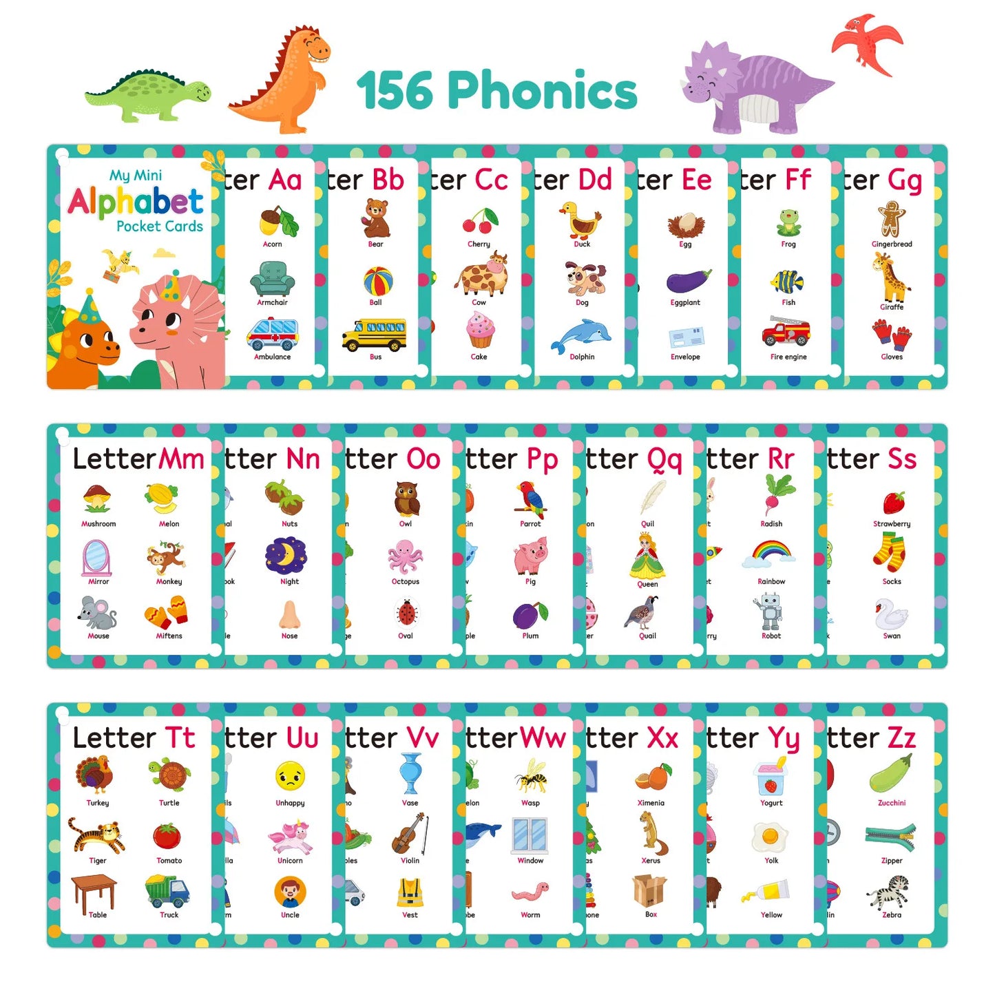 ABC Phonics Flash Cards Kids 26 Alphabet Pocket English Words