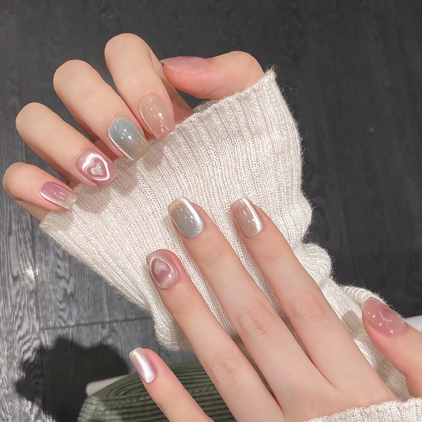 Sweet Pink Heart Cat Eye Press On Nails | Coffin Ballet Shape