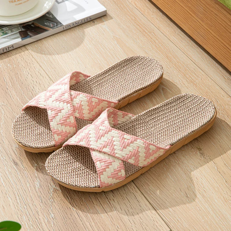 Women's Linen Anti-Slip Indoor Slippers – Flat House Slides