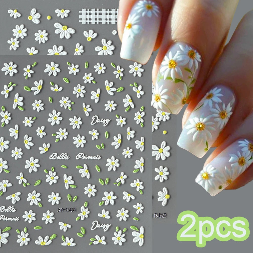 5D Embossed Daisy Nail Art Stickers – Spring Floral Decals 2pc