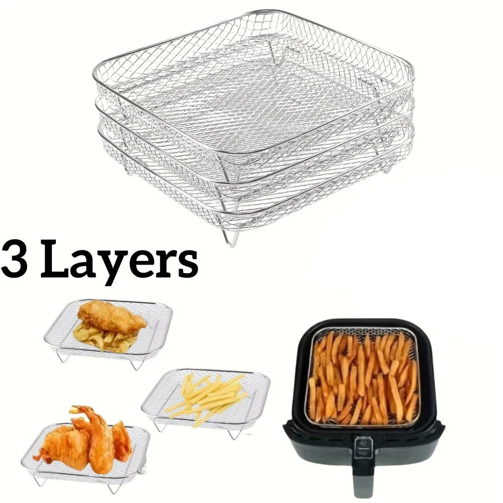 1–3 Layer Stackable Air Fryer Rack Set | 304 Stainless Steel Square Dehydrator Racks