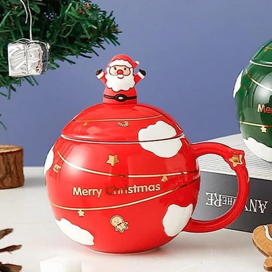 Creative cartoon Santa Claus spherical water cup with lid spoon mug Blue/Red household large-capacity ceramic cup Christmas cups Peaceful Pleasures Health and Wellness