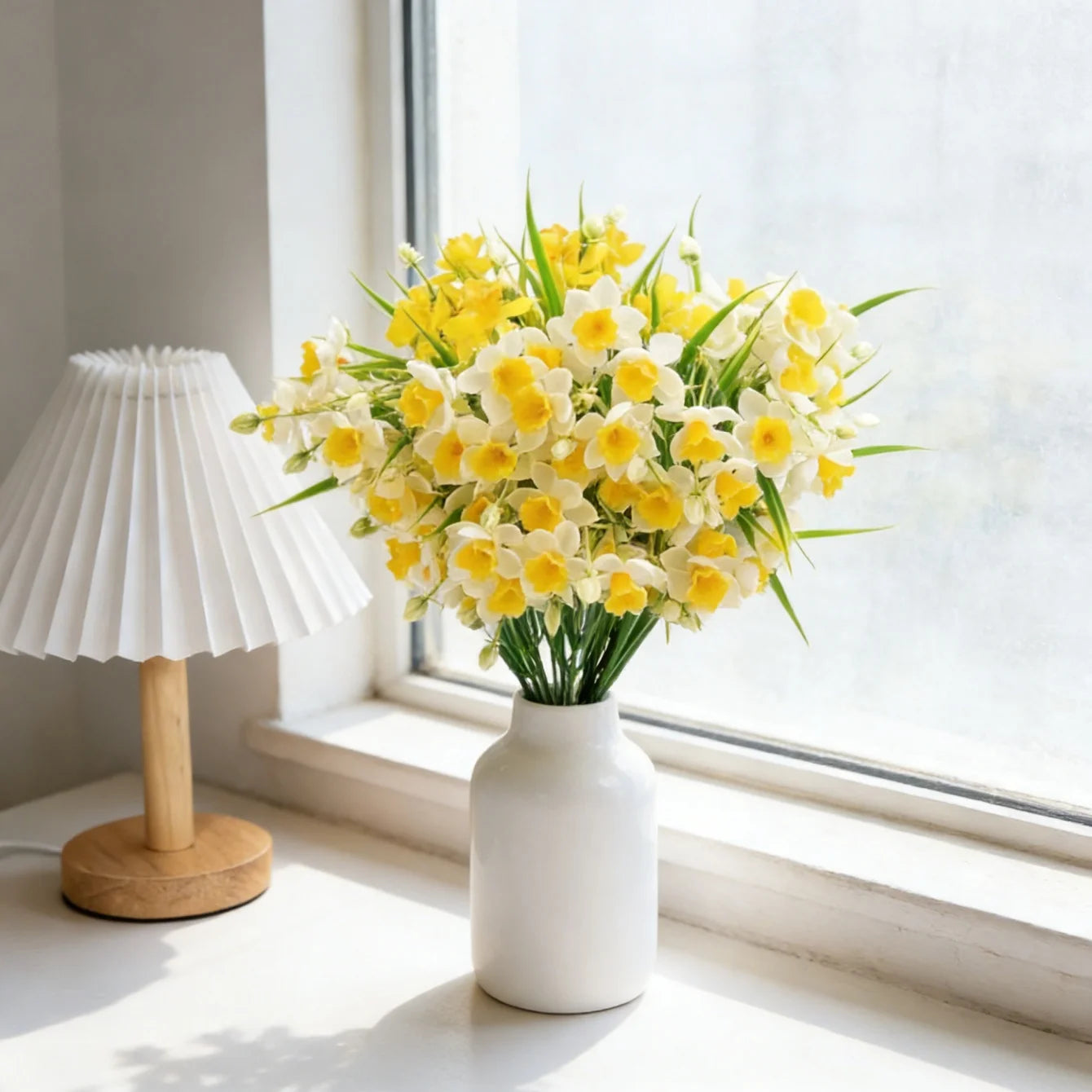 White Yellow Faux Daffodil Bouquet – Artificial Narcissus Flowers