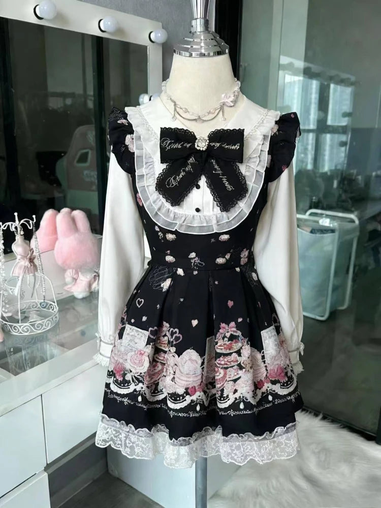 French Style Sweet Cute Polka Dot Splicing Dress Lace Bow Korean Fashion Dresses New Design Slim Waist Lady Y2k Mini Dress Peaceful Pleasures Health and Wellness 3708 black set L