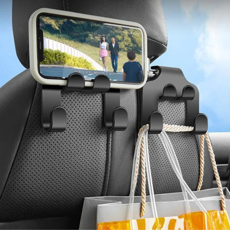 Car Headrest Hanger Hook – 2-in-1 Phone Mount & Bag Holder