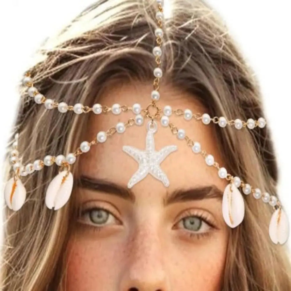 Boho Starfish Pearl Head Chain | Beach Festival Hair Jewelry Boho Head Chain Peaceful Pleasures Health and Wellness Gold