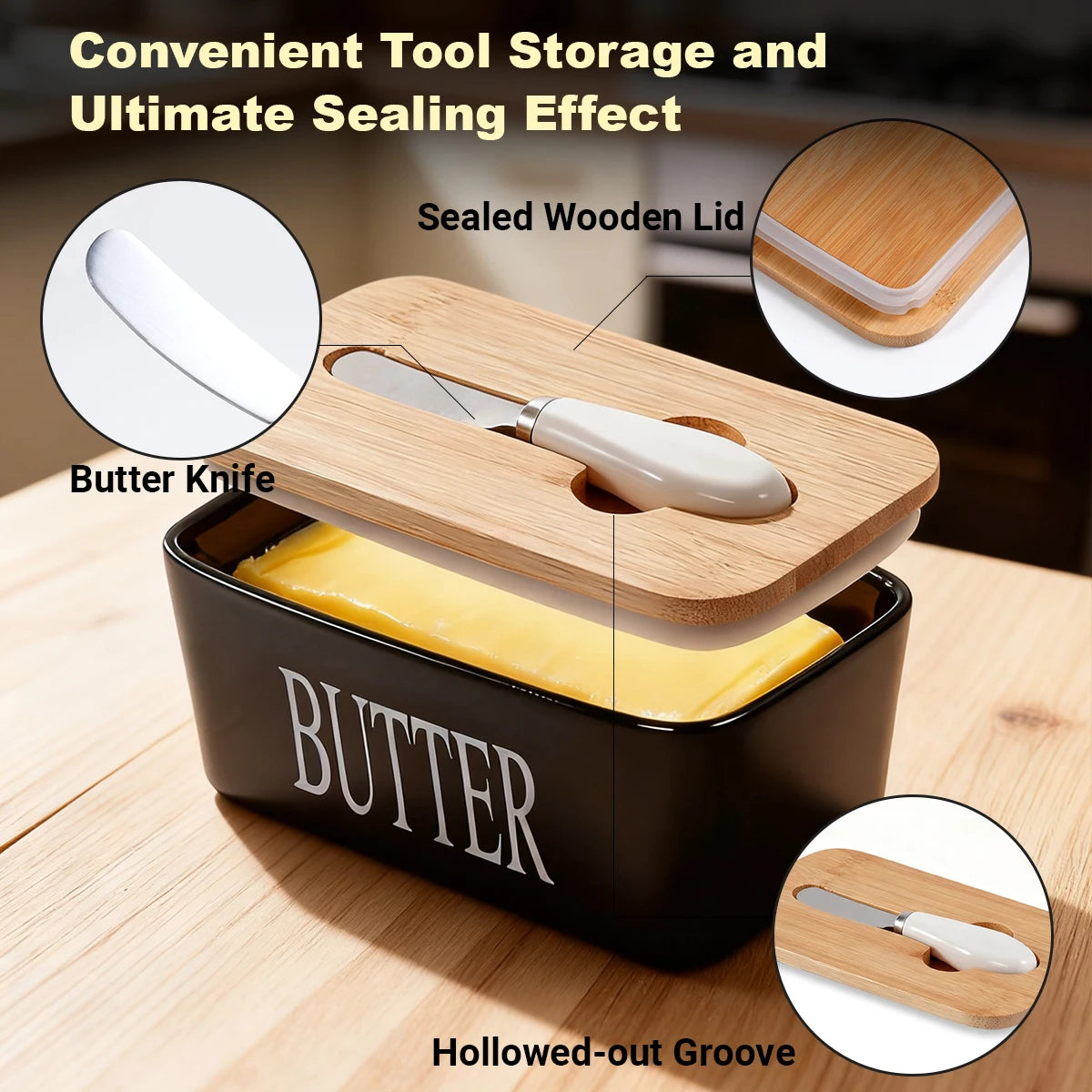 1 Set Of Ceramic Butter Dish With Bamboo Lid And Built-In Knife Butter Keeper With Double Silicone Sealing Ring Kitchen Peaceful Pleasures Health and Wellness