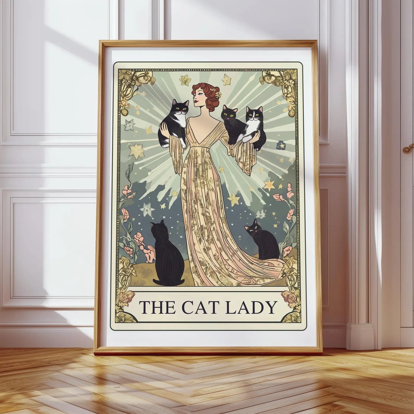 The Cat Lady Tarot Print, Art Nouveau Cat Lovers Wall Art, Vintage Cat Poster, Cat Mom Gift, Unique Cat Print, Apartment Decor Peaceful Pleasures Health and Wellness