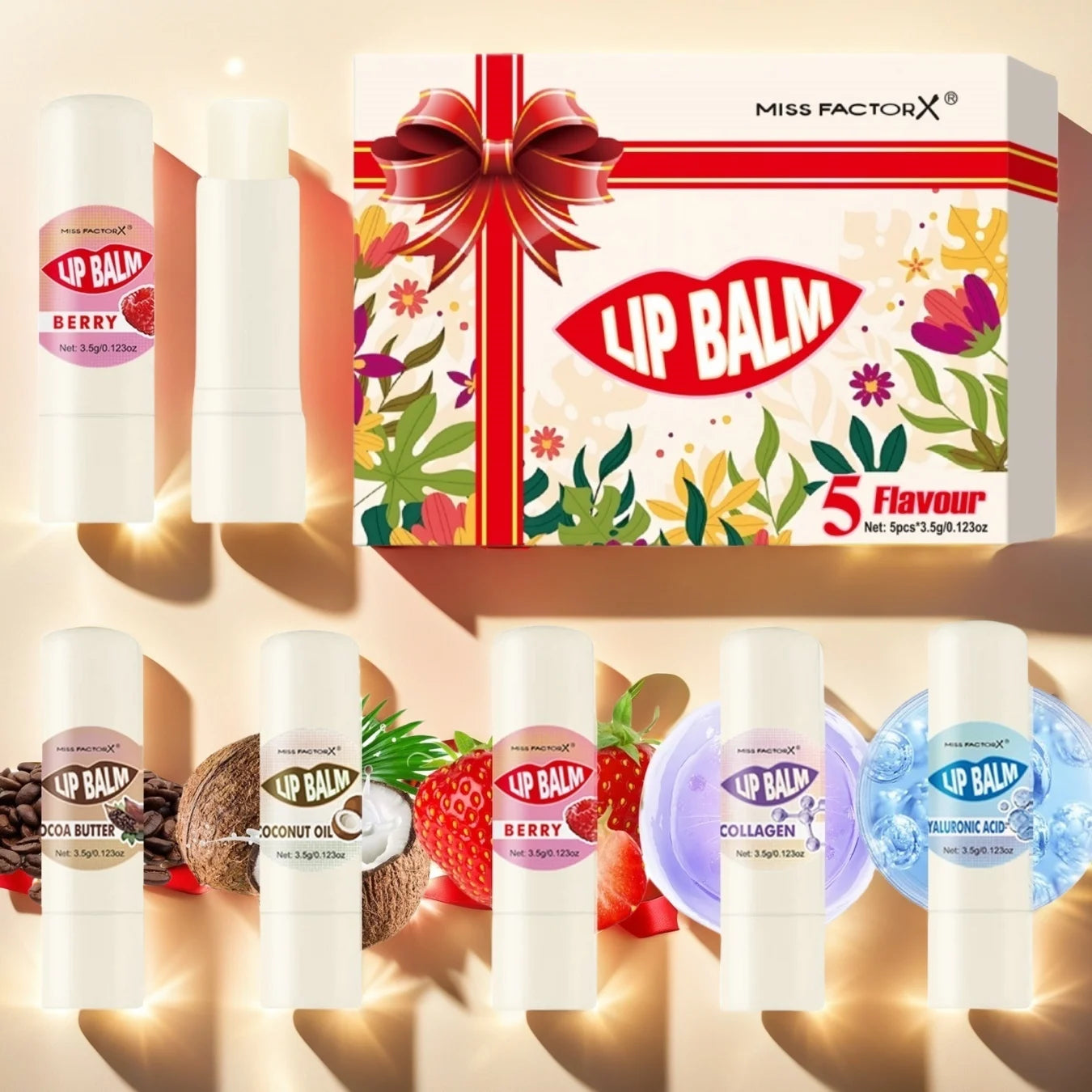 Premium gift set 5PCS/box Lip balm set Hyaluronic acid Long-lasting moisturizing Glossy Suitable for dry lips Valentine’s Day gi Peaceful Pleasures Health and Wellness