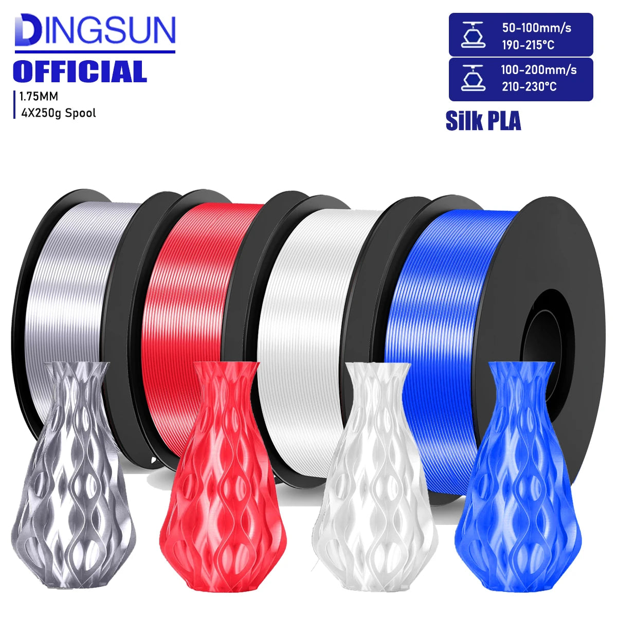 Silk PLA Filament 1.75mm Bundle – Red White Blue Silver | DINGSUN