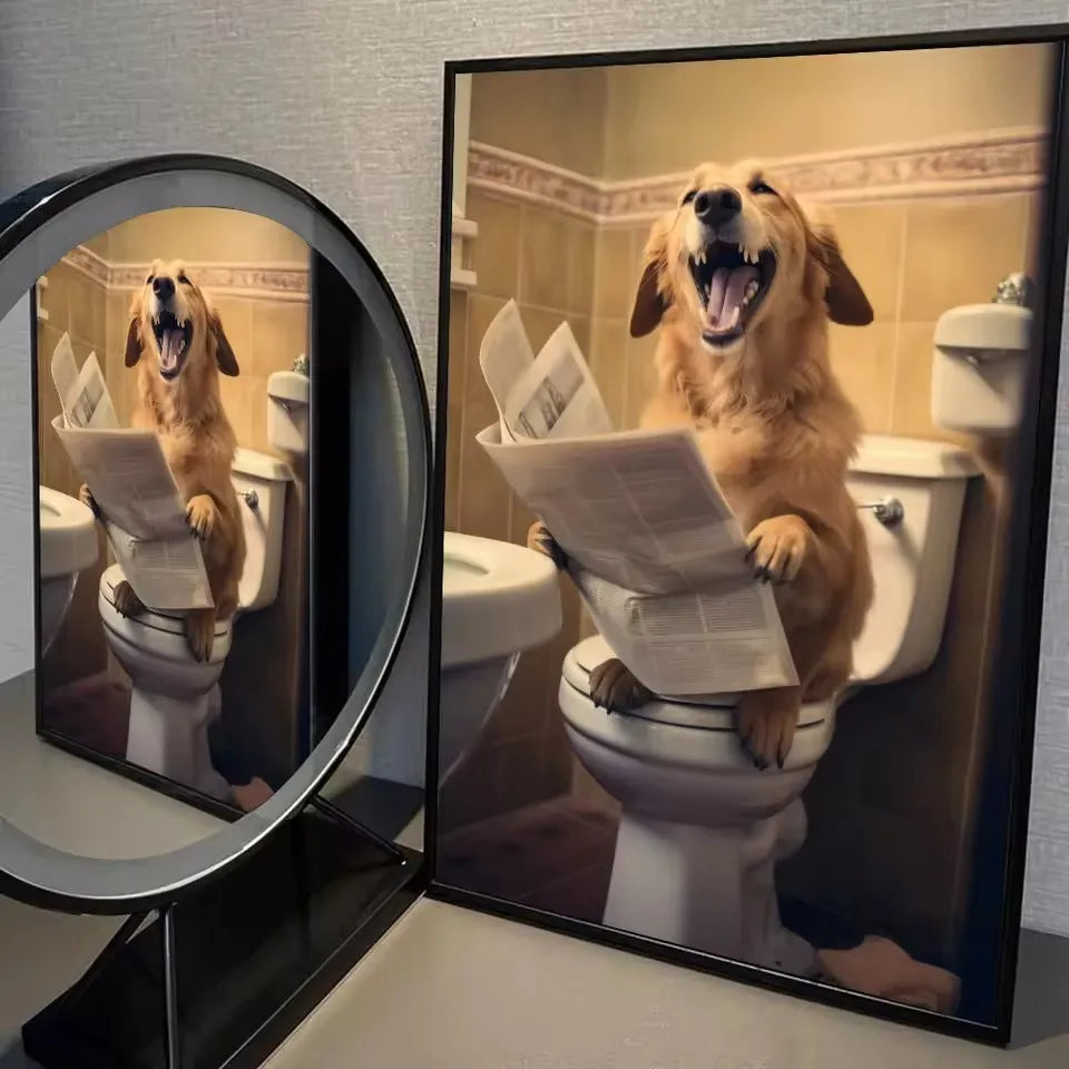 Canvas Print Wall Art for Pet Lovers,for Home Decor Bedroom,Kitchen,Living Room,Bathroom, Hotel 1pc Playful Dachshund on Toilet Peaceful Pleasures Health and Wellness