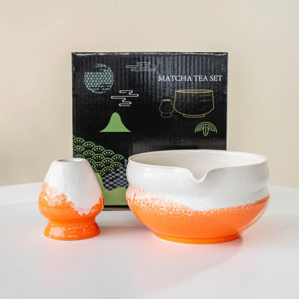 Ceramic Matcha Bowl with Pouring Spout & Whisk Holder Set