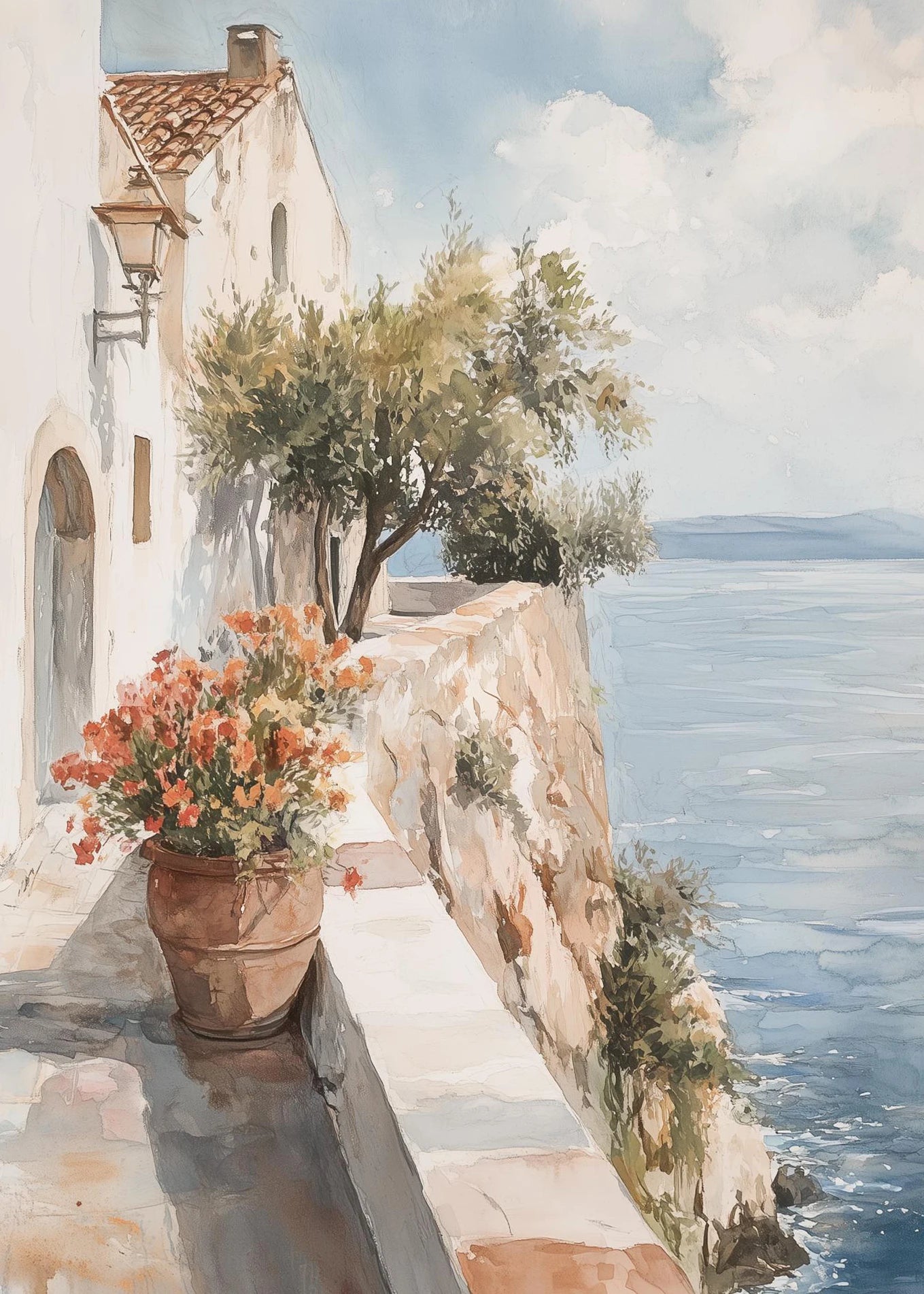 Santorini Mediterranean Coastal Canvas Wall Art Print | Unframed