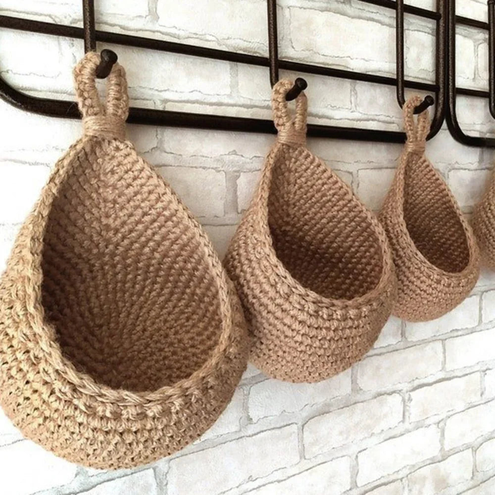 Handwoven Wall Hanging Fruit & Vegetable Basket – Boho Jute Teardrop Storage