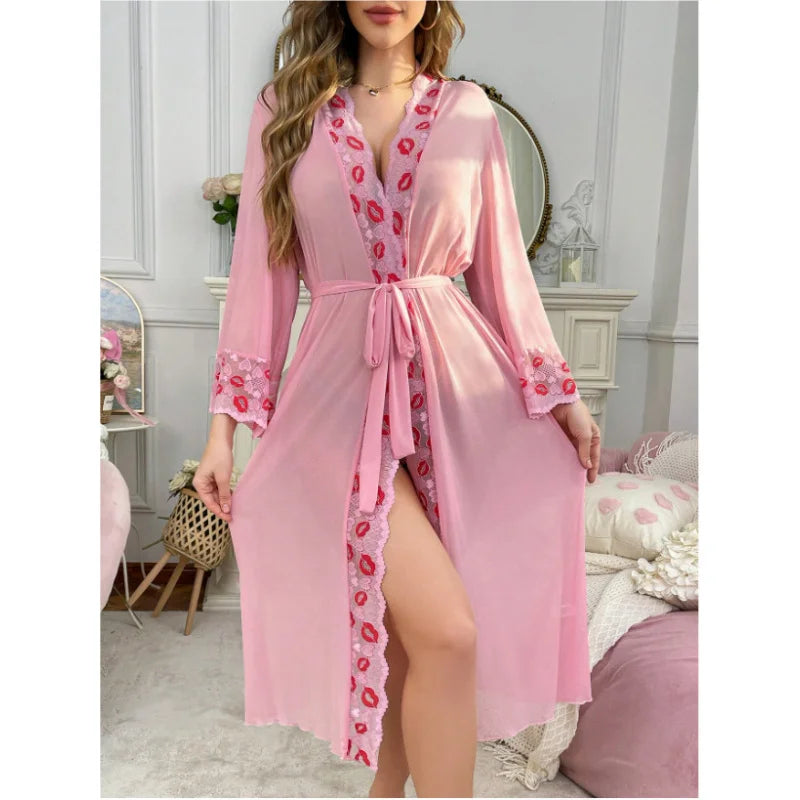 Women's Lace Sheer Long-Sleeve Robe & Lingerie Set