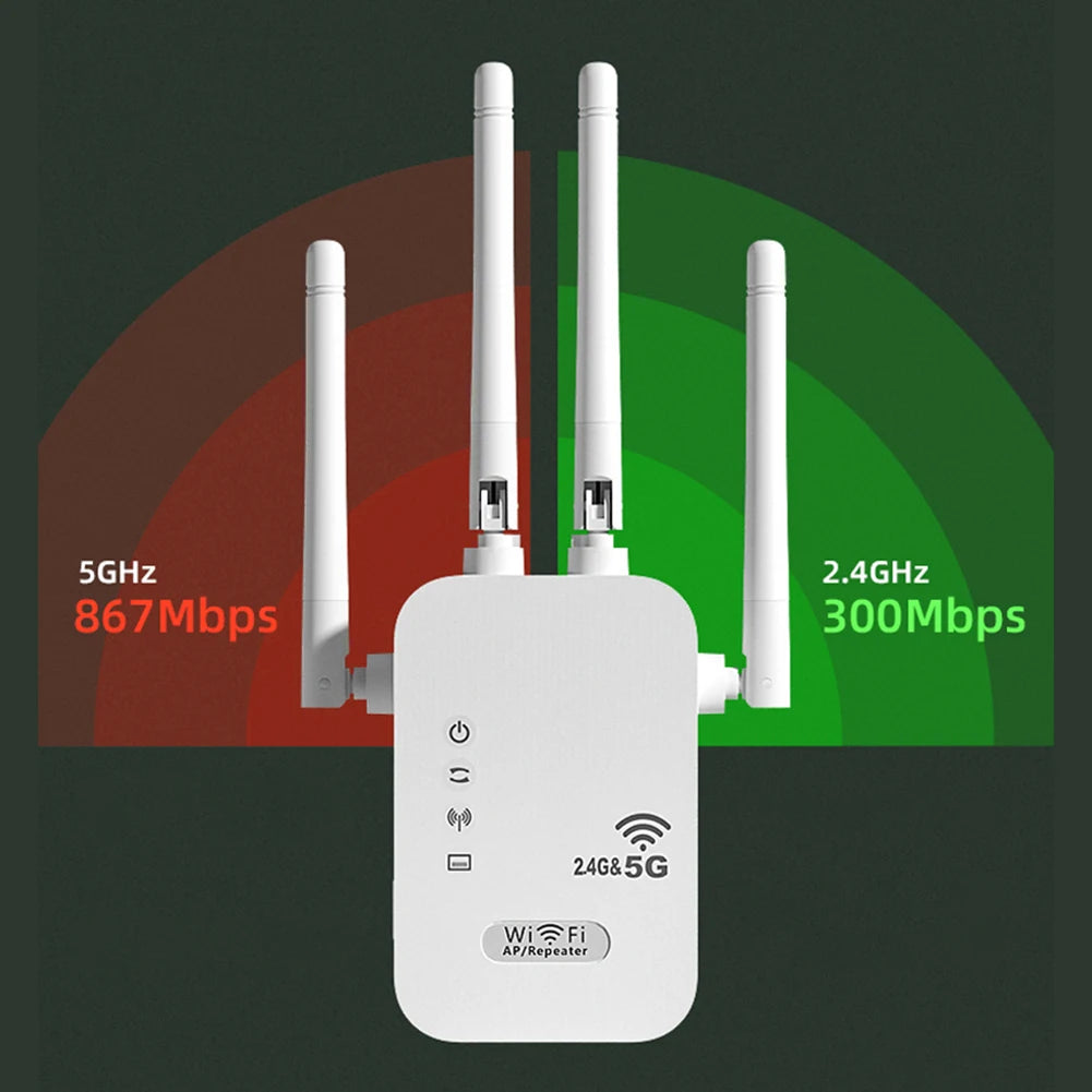 1200Mbps Wireless WiFi Repeater with WAN/LAN Port Dual-Band 2.4GHz/5GHz Wi-Fi Signal Booster 4 Antennas for Home Small Office Peaceful Pleasures Health and Wellness
