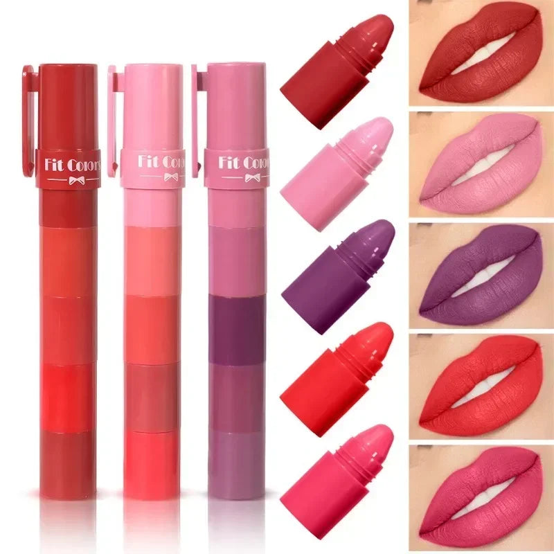 5-in-1 Matte Lipstick Crayon Set | Velvet Lip Tint Kit 5 Pcs
