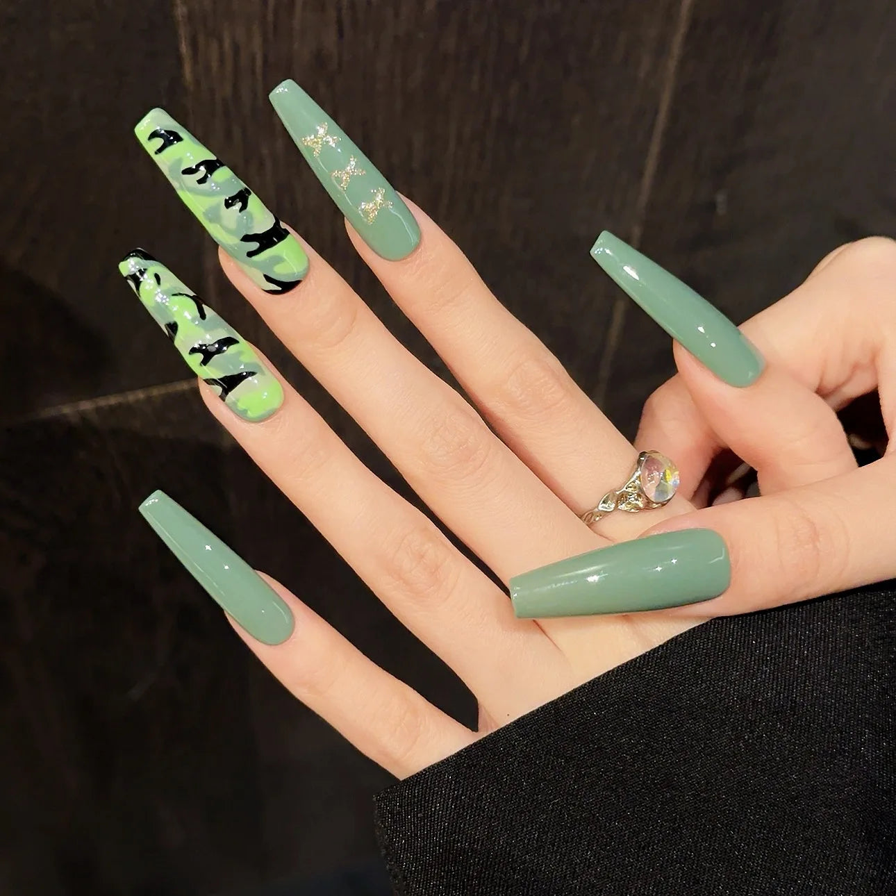 Handmade Press on Nails Spring Fresh Green Long Ballet Fake Nails for Women Wearable Detachable European False Nail Patches Peaceful Pleasures Health and Wellness
