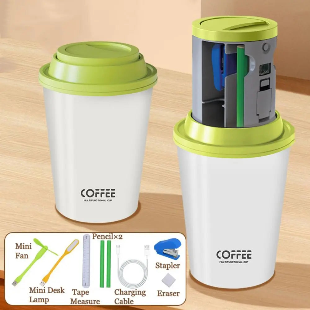 7 in 1 Children's Stationery Set Coffee Cup Shape with Fan Children's Creative Stationery Cup Stapler with Lamp Peaceful Pleasures Health and Wellness