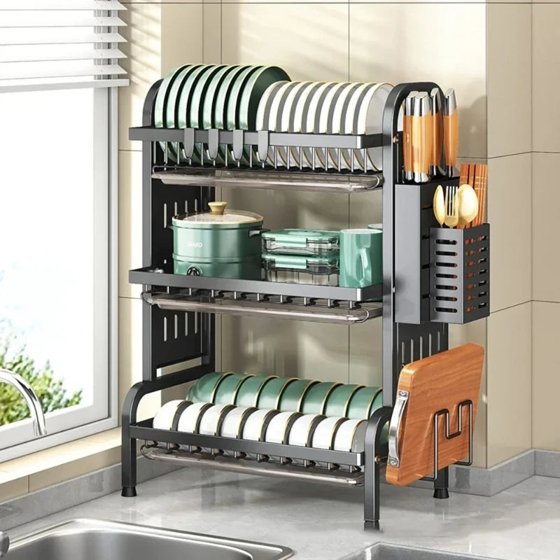 Carbon Steel Kitchen Dishes Drying Storage Rack With Drain Tray Large-capacity Plate Rack Cutlery Chopping Board Tool Organizer Peaceful Pleasures Health and Wellness