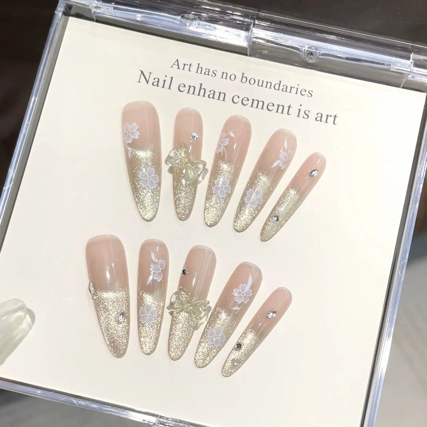 10pcs Handmade Press on Nails Gradient Cat's Eye Almond Fake Nail Tips Wearable 3D Bow Glitter Diamond Nail Art Long False Nails Peaceful Pleasures Health and Wellness XS
