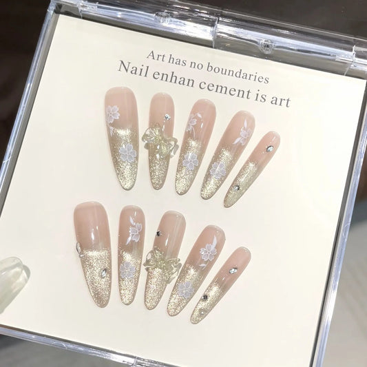 10pcs Handmade Press on Nails Gradient Cat's Eye Almond Fake Nail Tips Wearable 3D Bow Glitter Diamond Nail Art Long False Nails Peaceful Pleasures Health and Wellness XS