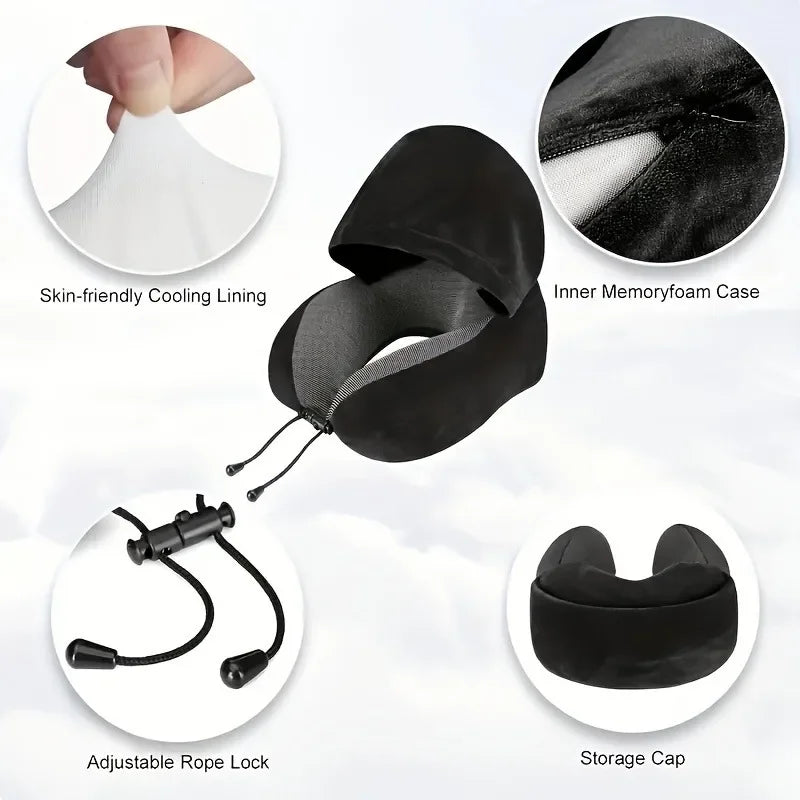 Memory Foam Hooded U-Shaped Travel Pillow with Detachable Cover Portable Neck Support for Airplane Office Nap Car and Home Use Peaceful Pleasures Health and Wellness