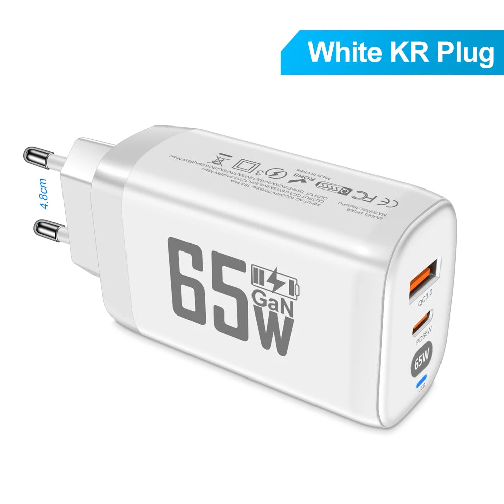 GaN 65W Fast Charger 2-Port PD QC3.0 USB Type C Wall Charger EU Plug Adapter for Laptop iPhone 15 Samsung Xiaomi Peaceful Pleasures Health and Wellness White KR Plug