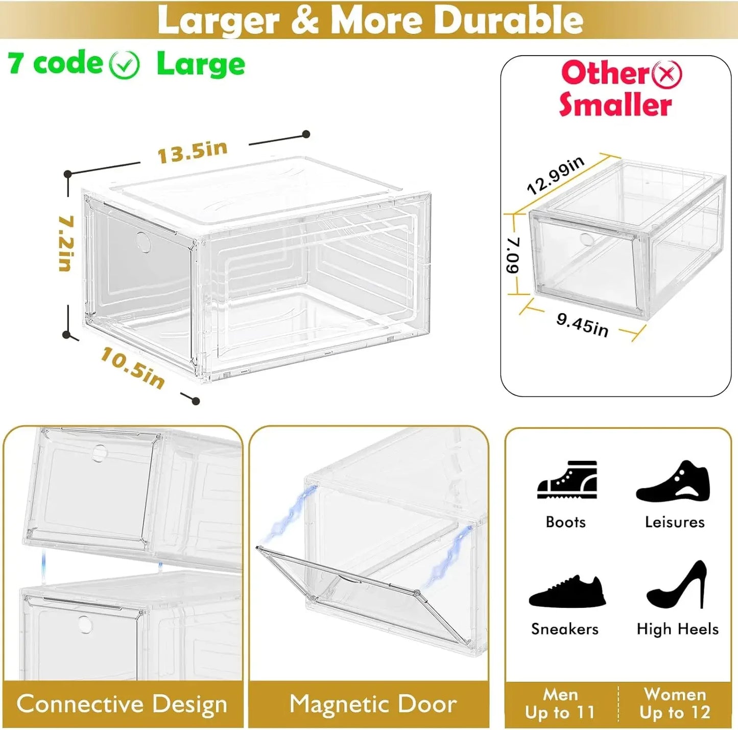 Clear Magnetic Door Stackable Shoe Storage Boxes, 6-Pack White Organizer for Sneakers & Closet Peaceful Pleasures Health and Wellness