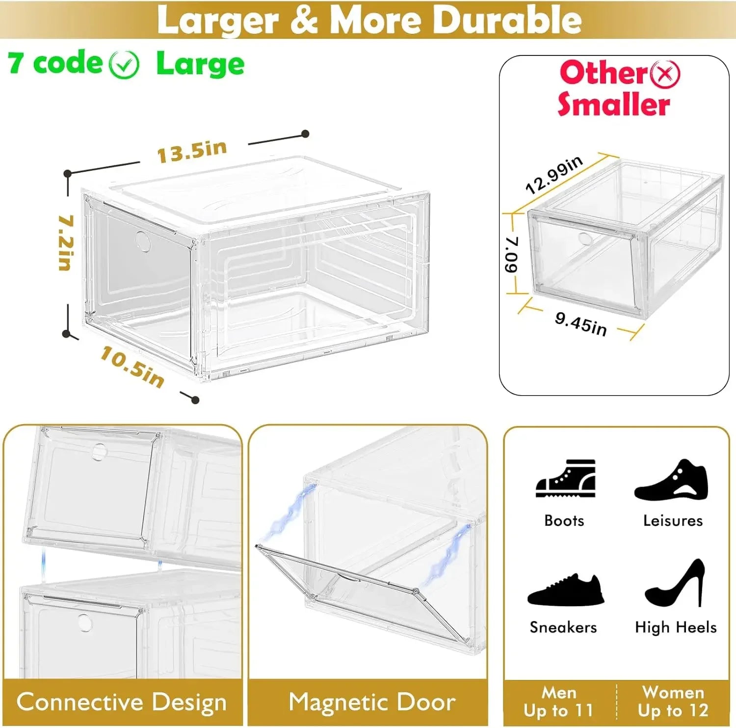 Clear Magnetic Door Stackable Shoe Storage Boxes, 6-Pack White Organizer for Sneakers & Closet Peaceful Pleasures Health and Wellness