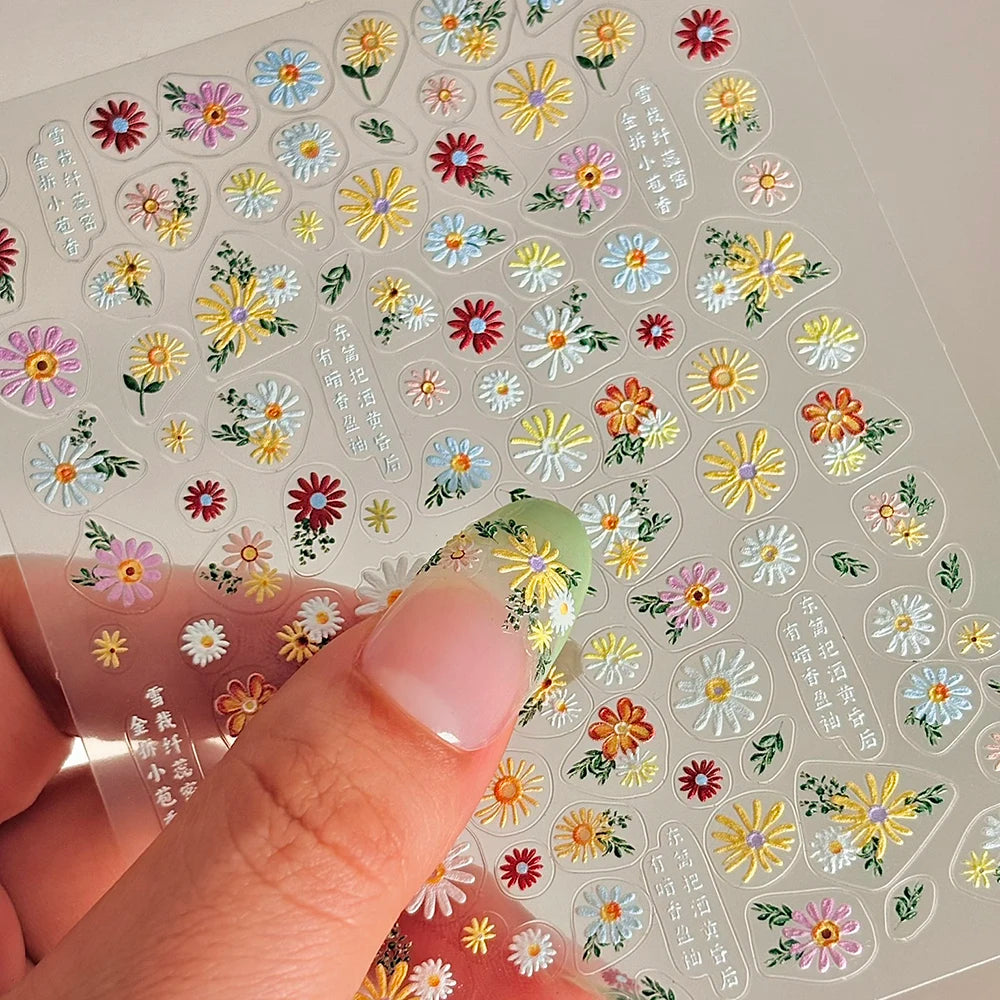 5D Spring White/Pink Embossed Daisy Nail Art Stickers White Daisy Flowers Nail Decal Self-Adhesive Elegant Daisy Floret Slider Peaceful Pleasures Health and Wellness 1