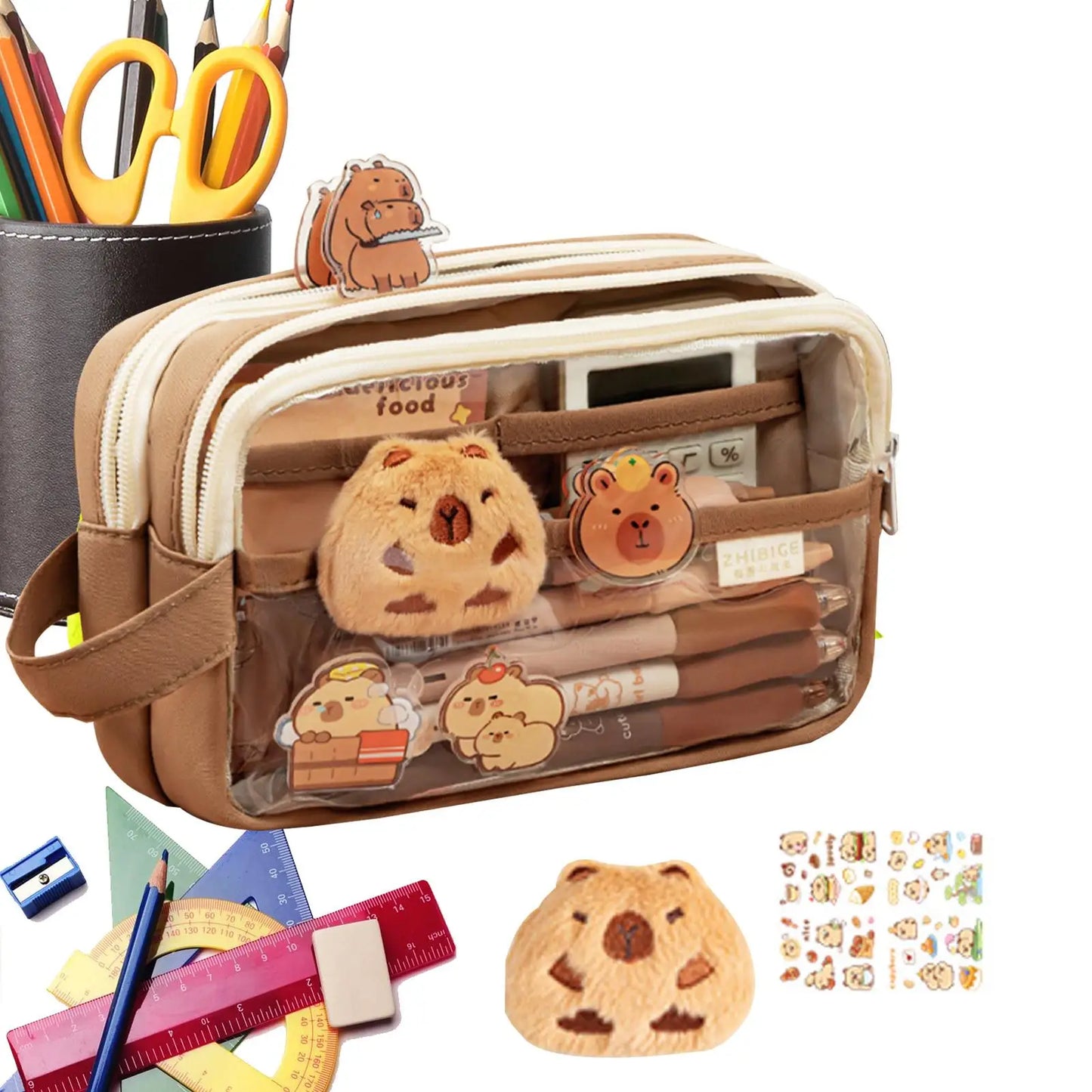 cute Capybara Print Large Capacity Pencil Case, Clear Stationery Organizer Bag for School Office Art Supplies Storage Girls Kids Peaceful Pleasures Health and Wellness