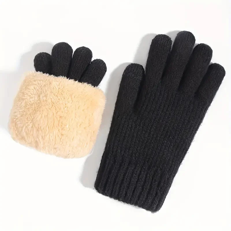 1pair Men Black Winter Double Layer Plus Velvet Thickened Knitted Gloves, Outdoor Touch Screen Warm Full Finger Gloves Peaceful Pleasures Health and Wellness