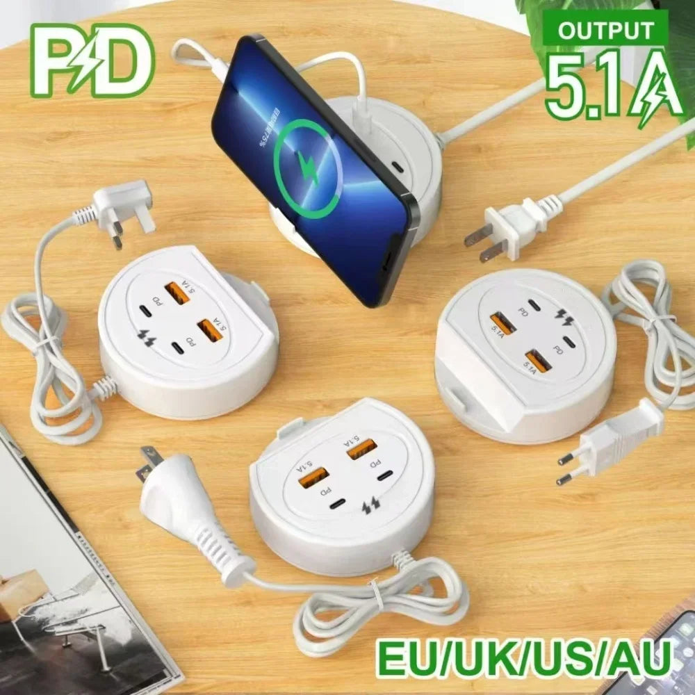 5-in-1 Power Strip with 4 Ports Phone Holder, EU/UK/US Universal Socket Multi-Device Fast Charging Station for iPhone 16 Samsung Peaceful Pleasures Health and Wellness