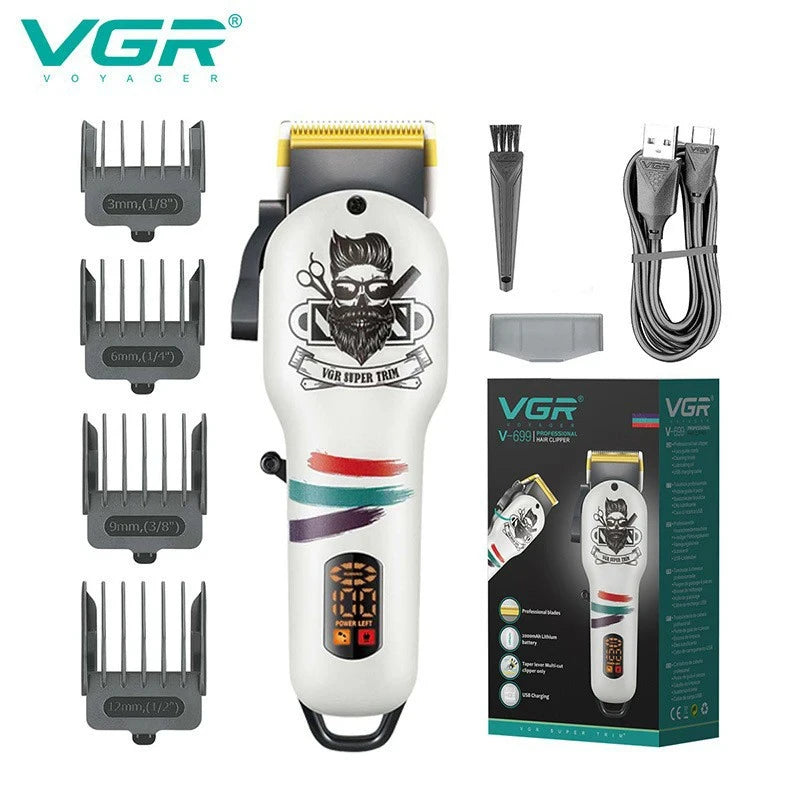 VGR 699 Hair Clipper Electric Hair Cutting Machine Professional Barber Cordless Hair Trimmer Digital Display Clipper for Men Peaceful Pleasures Health and Wellness 699 white