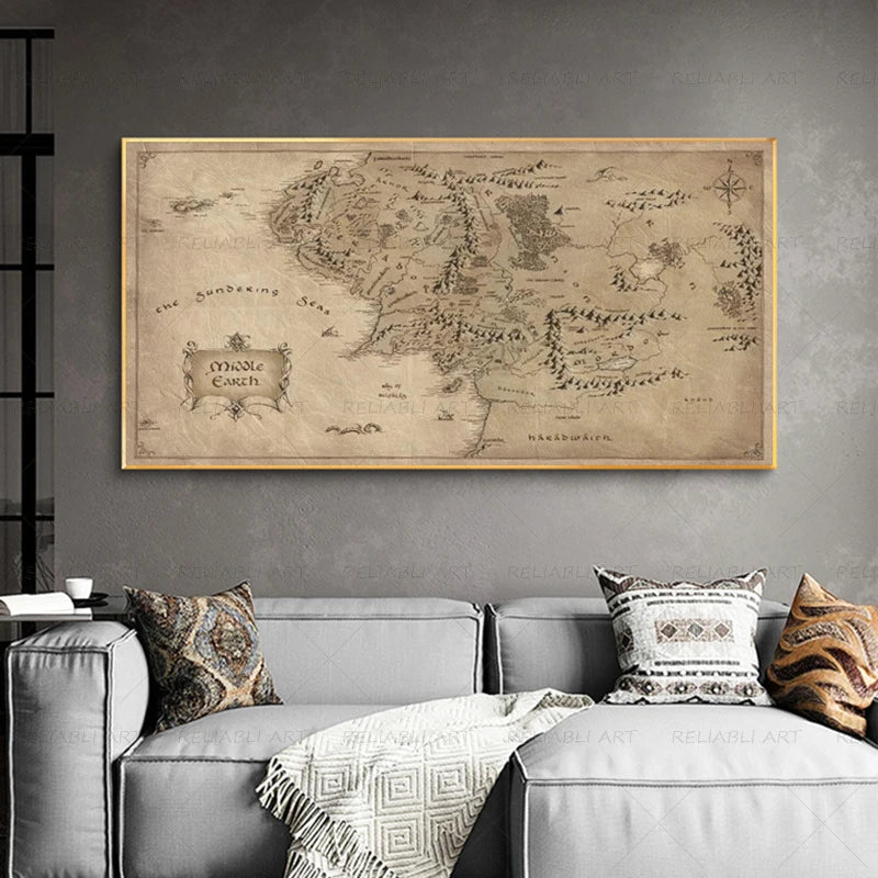 Map Canvas Painting Vintage Middle-earth Map Poster Movie Wall Art Pictures for Home Living Room Decor Unframed Pictures Peaceful Pleasures Health and Wellness
