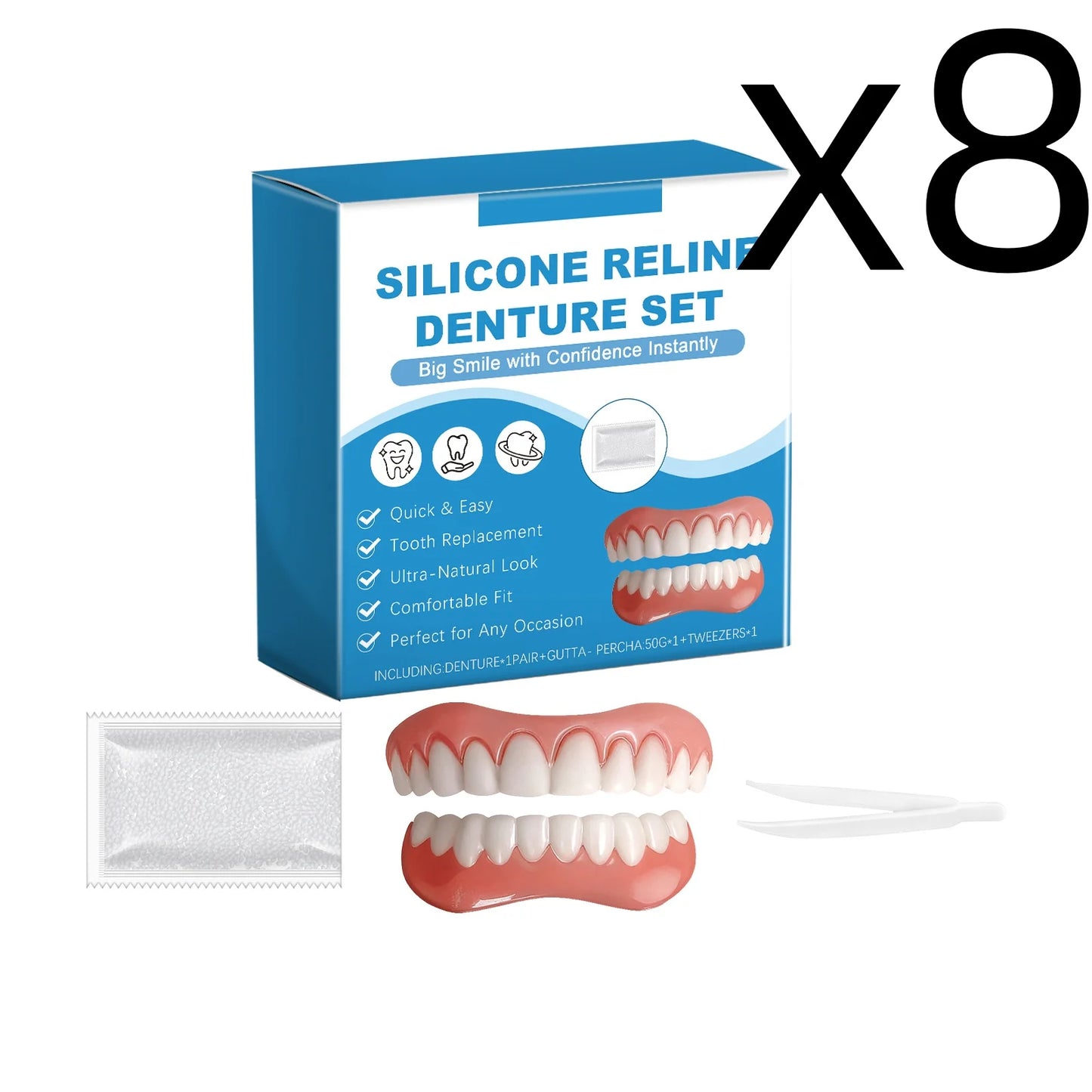 Silicone Reline Denture Set Perfect Fit Oral Repair Missing Broken Tooth High Durable Natural Appearance Portable Fake Teeth Kit Peaceful Pleasures Health and Wellness 1set Boxed X 8PCS