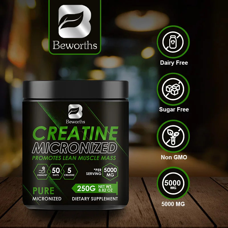 Beworths Creatine Micronized supplement container on a wooden surface with brand logo and product details.