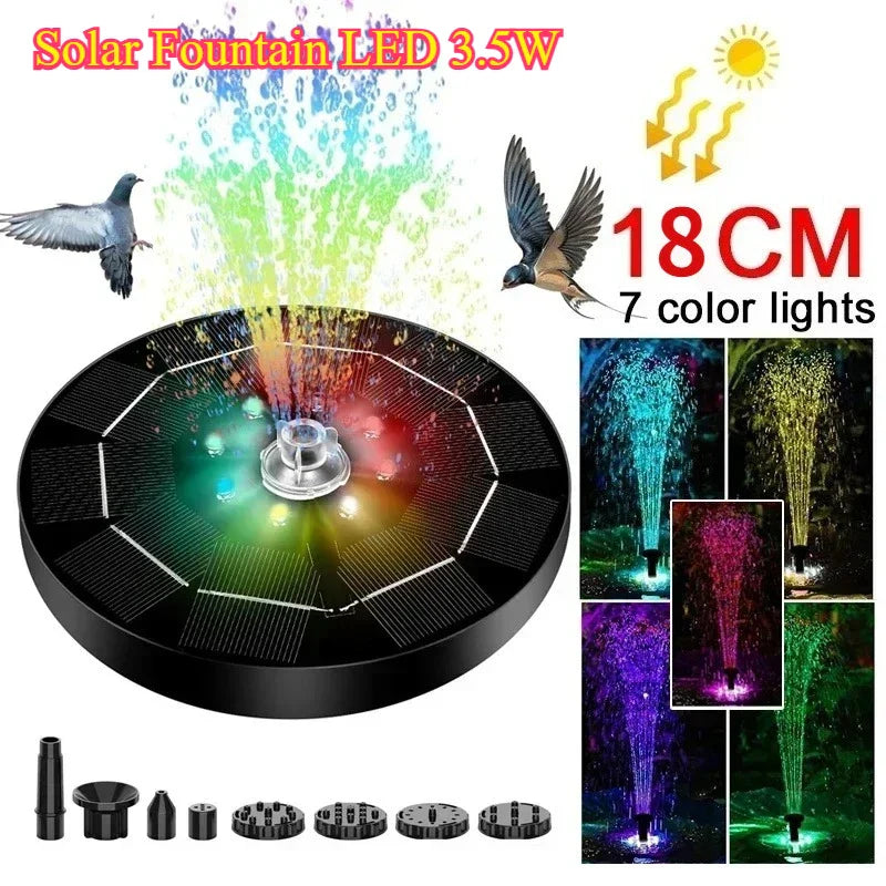 Solar Fountain 7-Color LED Lights 6 Nozzles – Bird Bath Garden