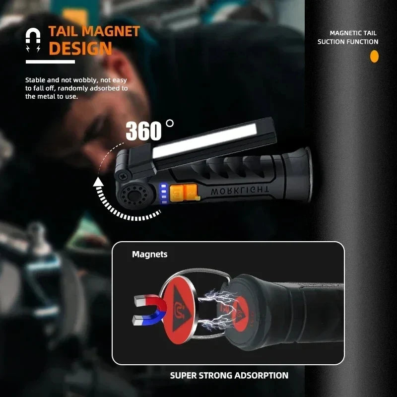 Portable COB LED Work Light – Magnetic, Hook, Rechargeable 350LM