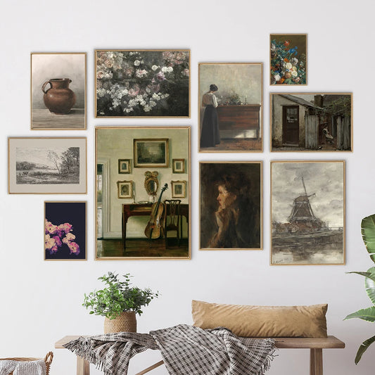 Vintage County Landscape Gallery Wall Art Prints Rustic Moody Cloud Oil Painting Canvas Prints Antique Flower Pictures Decor Peaceful Pleasures Health and Wellness