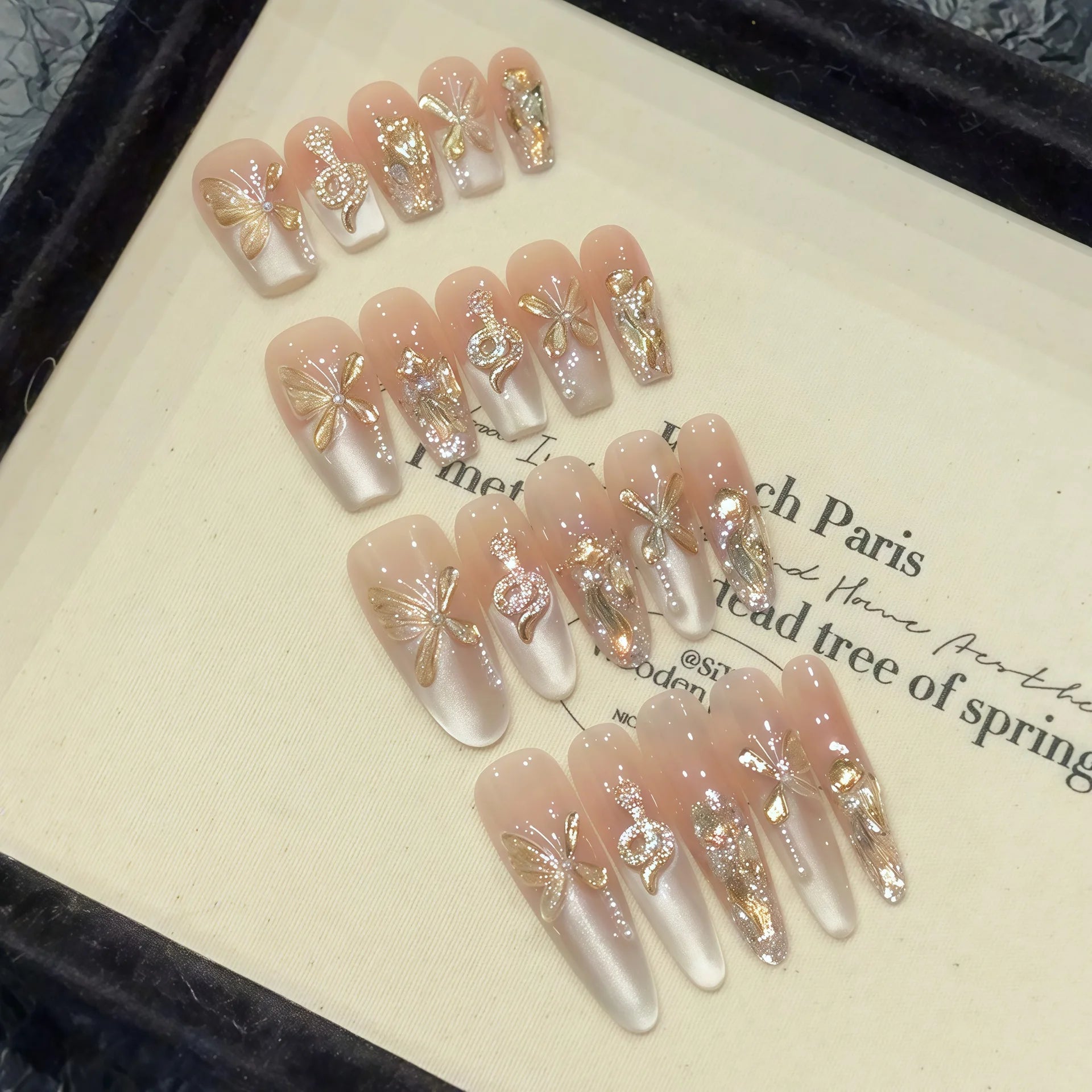 Handmade French Cat Eye Press on Nails Glitter Champagne Crystal Butterfly False Nails 3d Rhinestone Snake New Year Fake Nails Peaceful Pleasures Health and Wellness