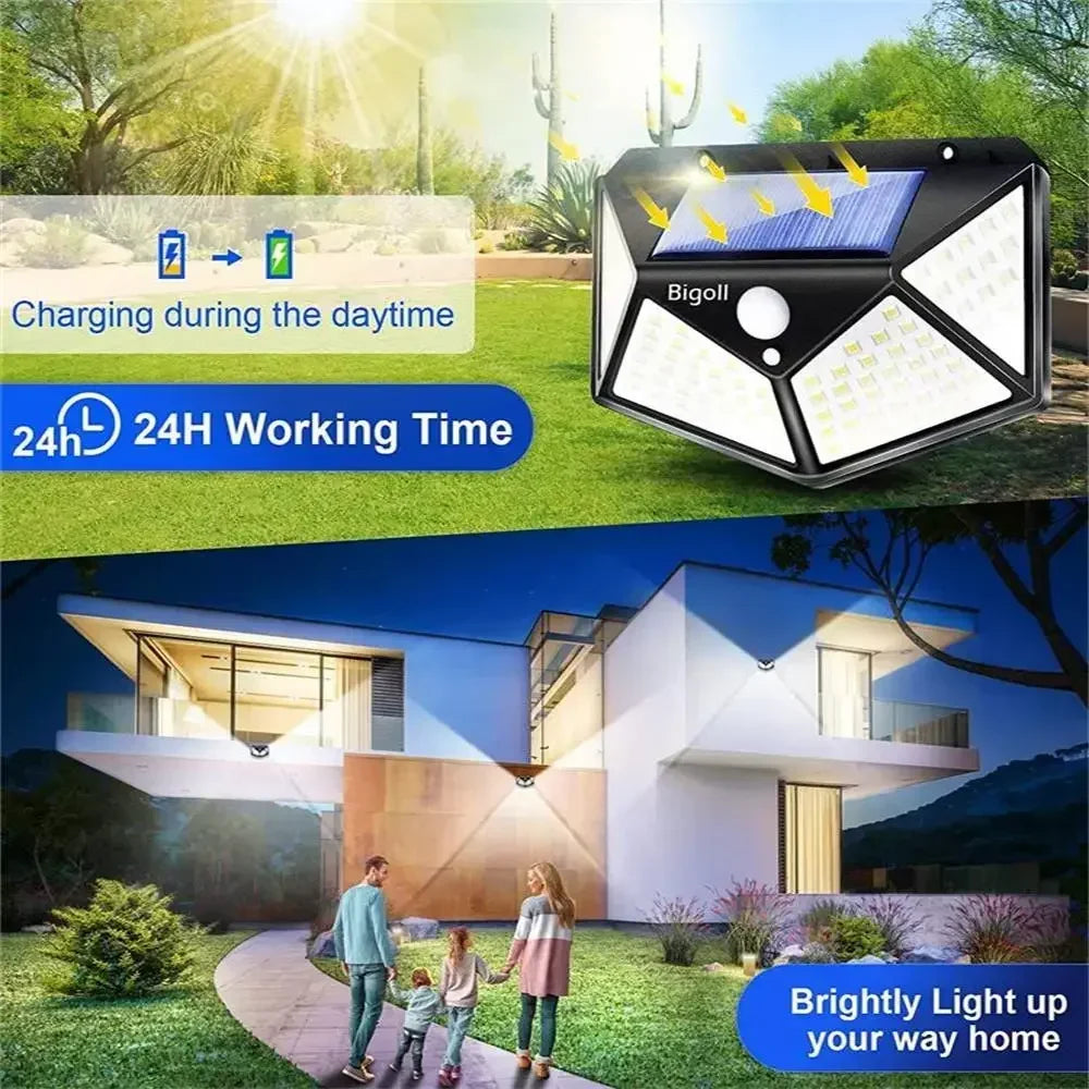 Solar Powered 100 LED Motion Sensor Wall Light, Waterproof Outdoor Security Lamp for Garden, Fence, Yard, Pathway Decoration Peaceful Pleasures Health and Wellness