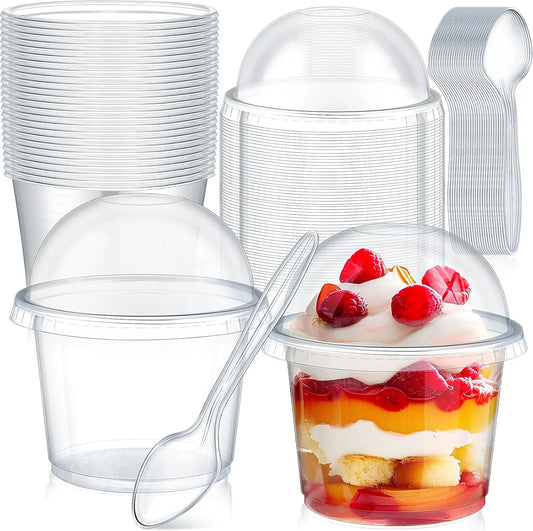 Clear Plastic Dessert Cups with Lids Disposable Parfait Party Cups Snack Containers Bowls for Cake Yogurt Fruit Ice Cream Mousse Peaceful Pleasures Health and Wellness Dome Spoon 100pcs