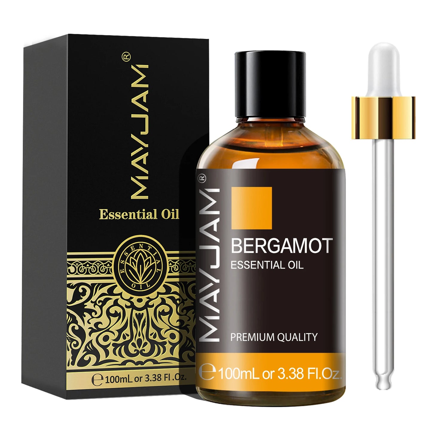 MayJam Bergamot essential oil bottle with dropper and packaging on a white background